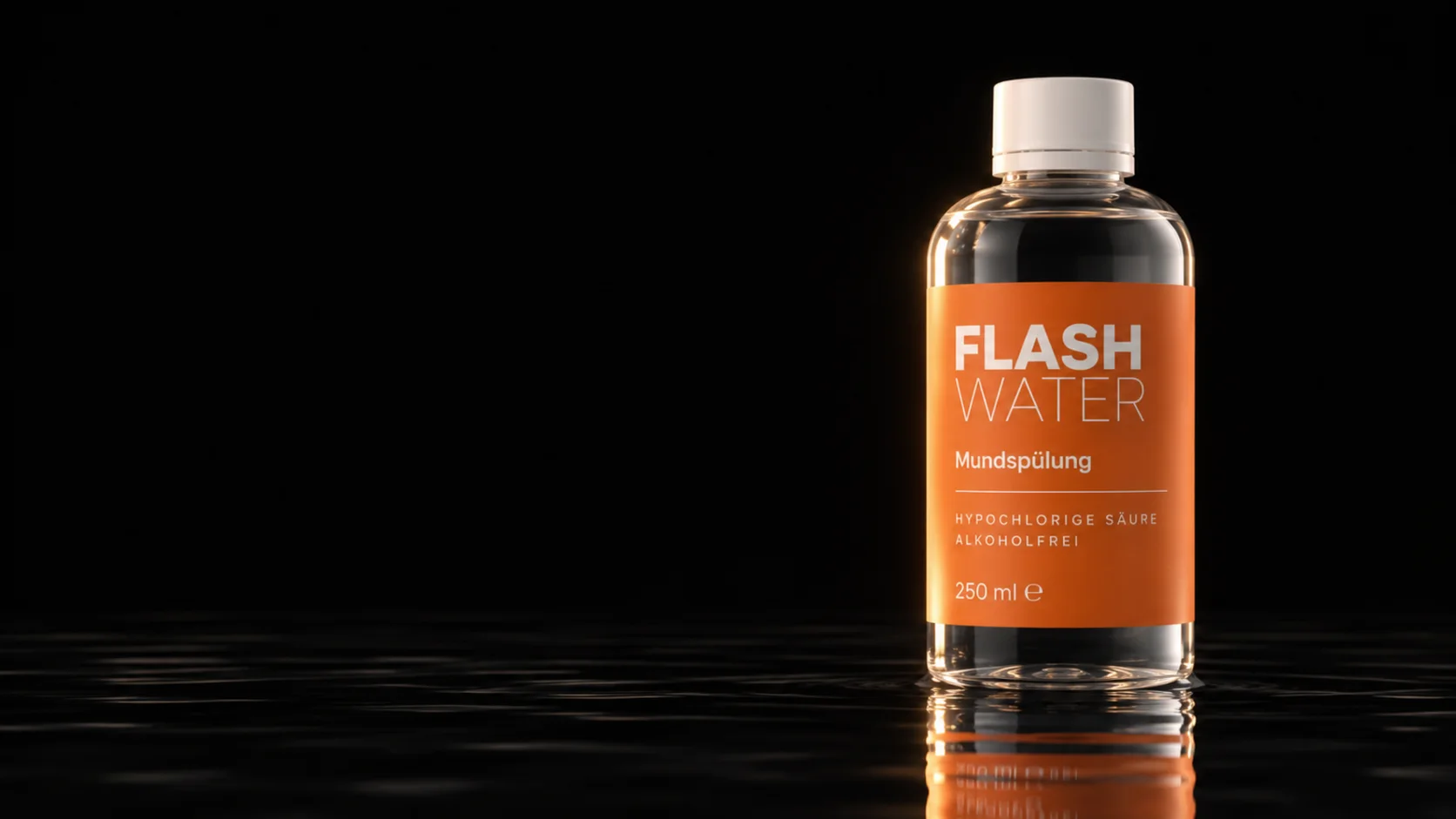 The FLASH WATER 250 ml bottle standing in still black water, lit by warm gold light