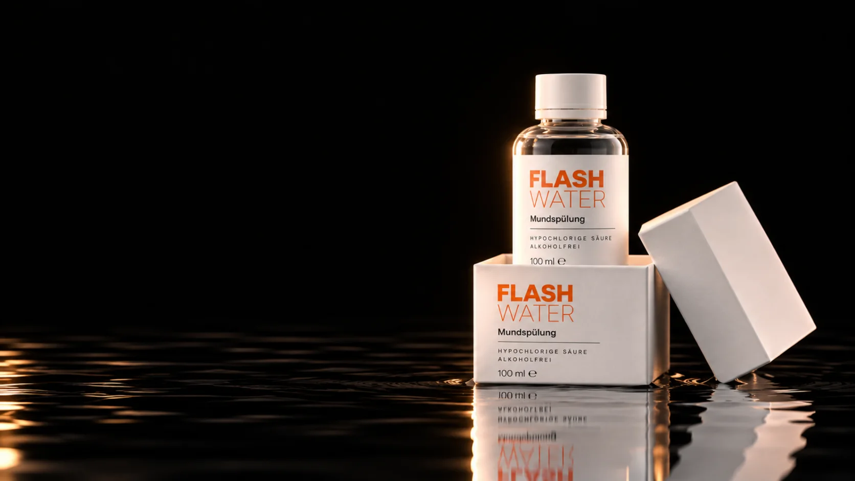 The 100 ml Hotel Edition in its open white box, standing in still black water