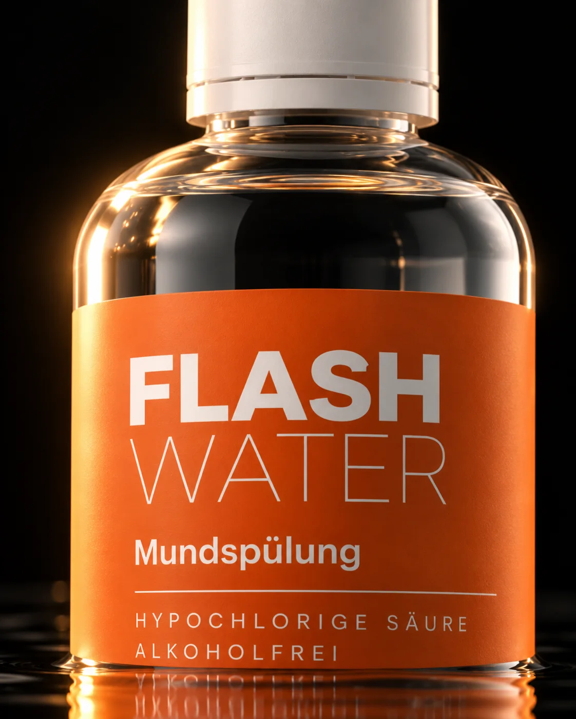 Close-up of the FLASH WATER bottle shoulder and label, light refracting through the clear liquid