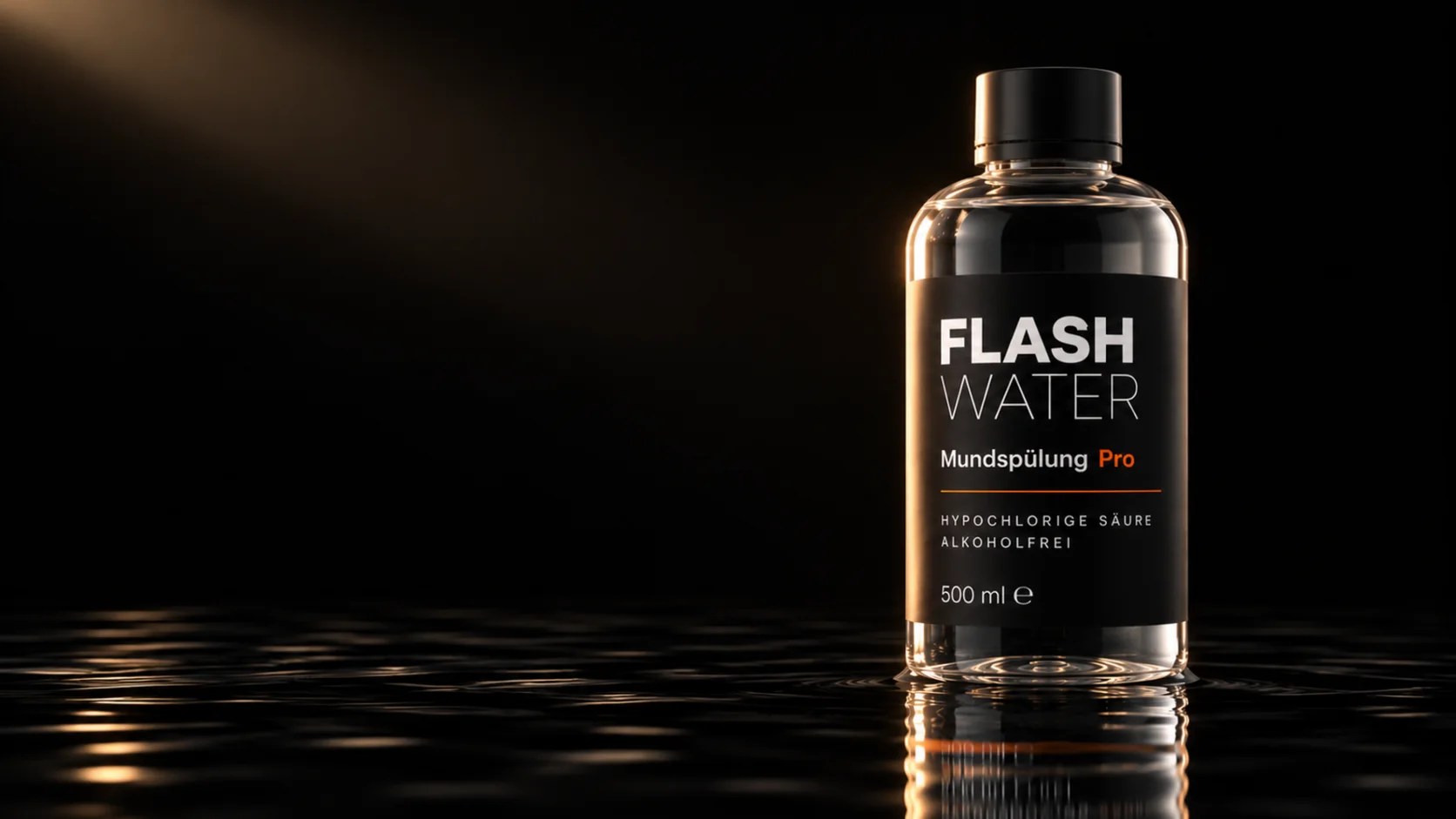 The black 500 ml Pro bottle standing in black water, lit by a single beam