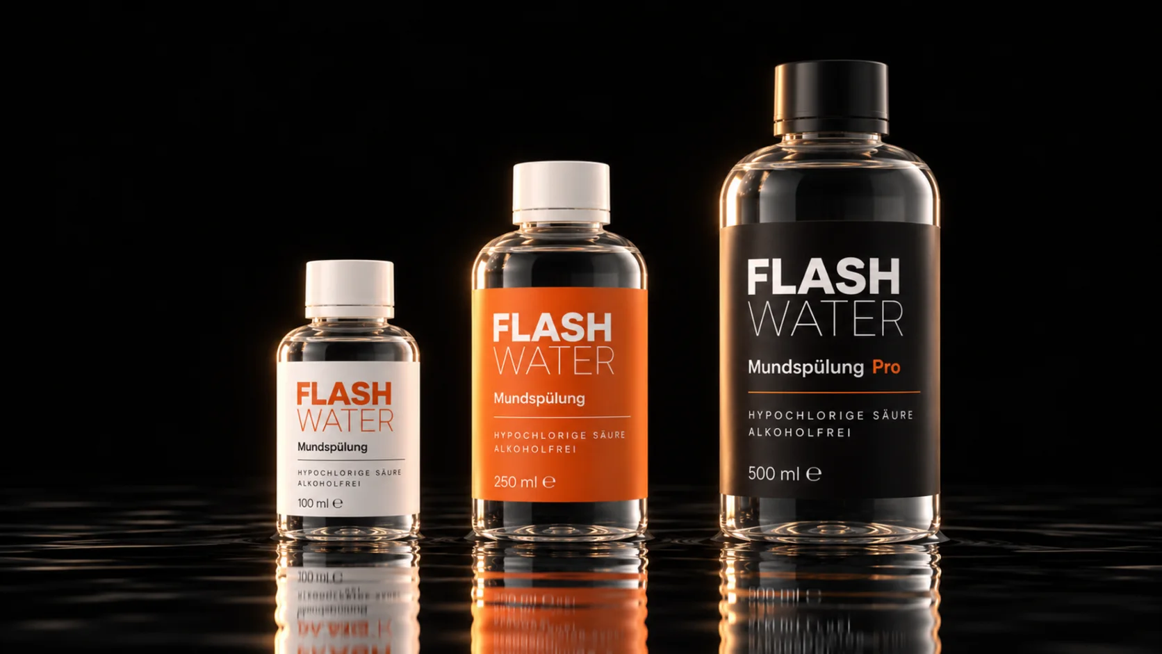All three FLASH WATER sizes standing in still black water, rim-lit in warm light